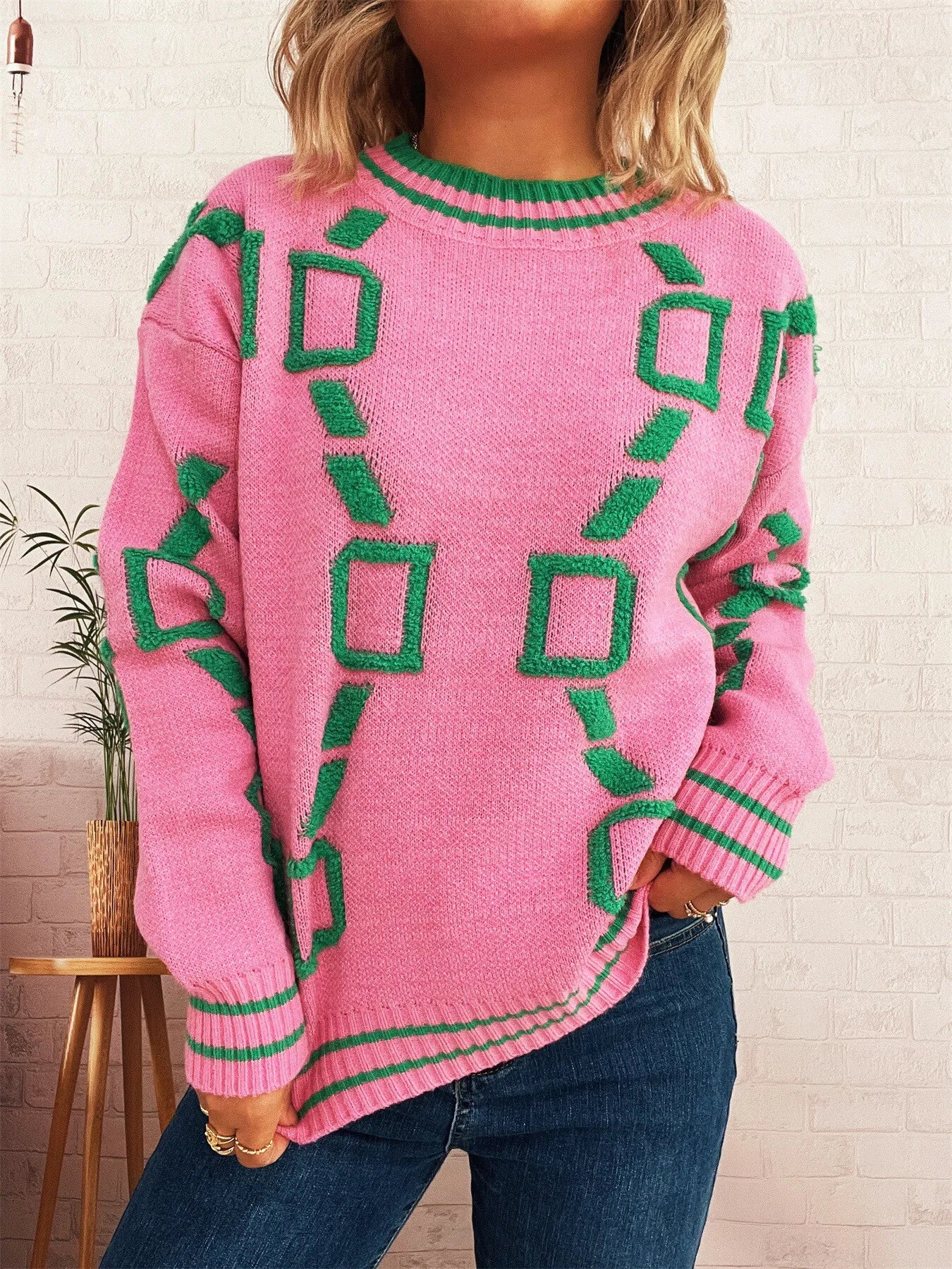 Contrast Round Neck Long Sleeve Sweater