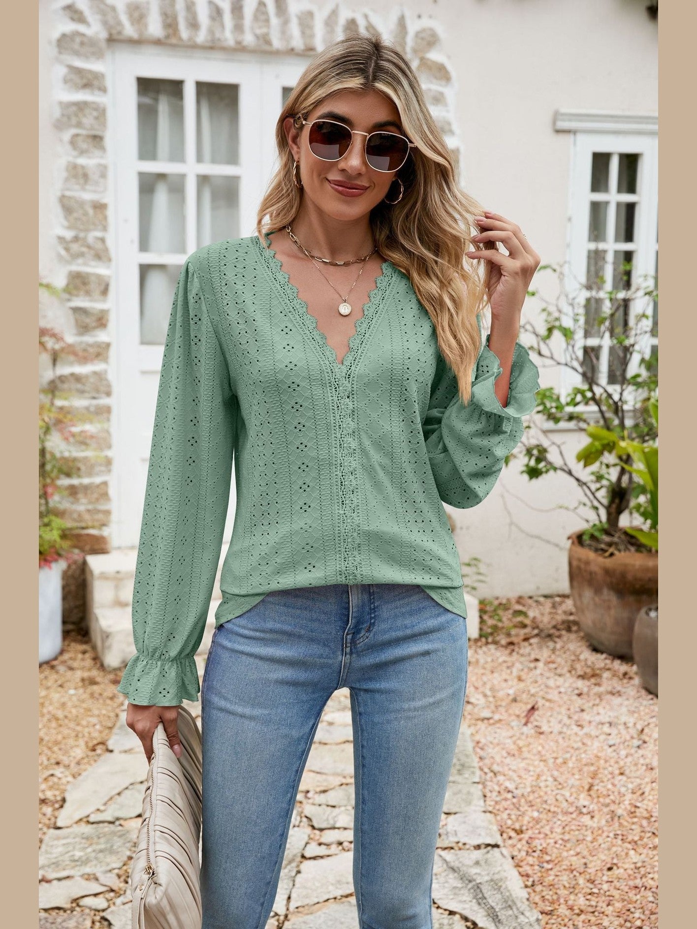 Eyelet Lace Trim Flounce Sleeve Blouse