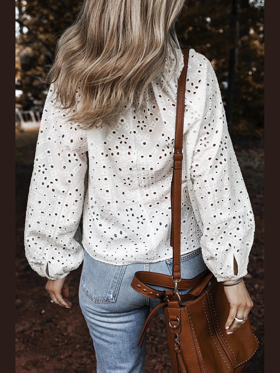 Eyelet V-Neck Long Sleeve Blouse NicholesGifts