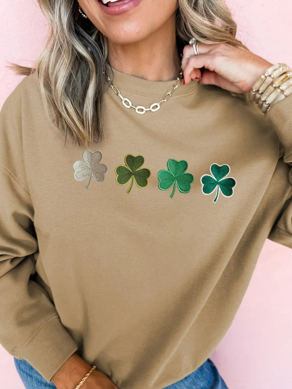 Embroidered Clover Pattern Round Neck Sweatshirt Trendsi