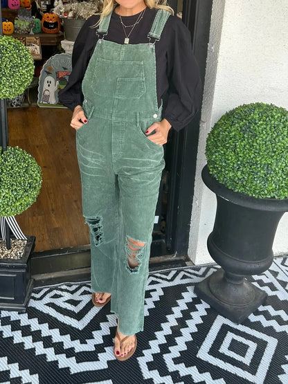 Distressed Wide Leg Corduroy Overalls nicholesgifts