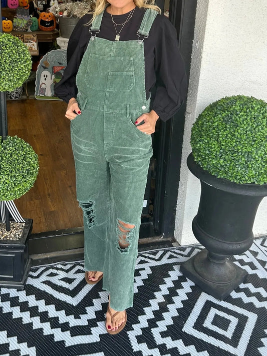 Distressed Wide Leg Corduroy Overalls nicholesgifts