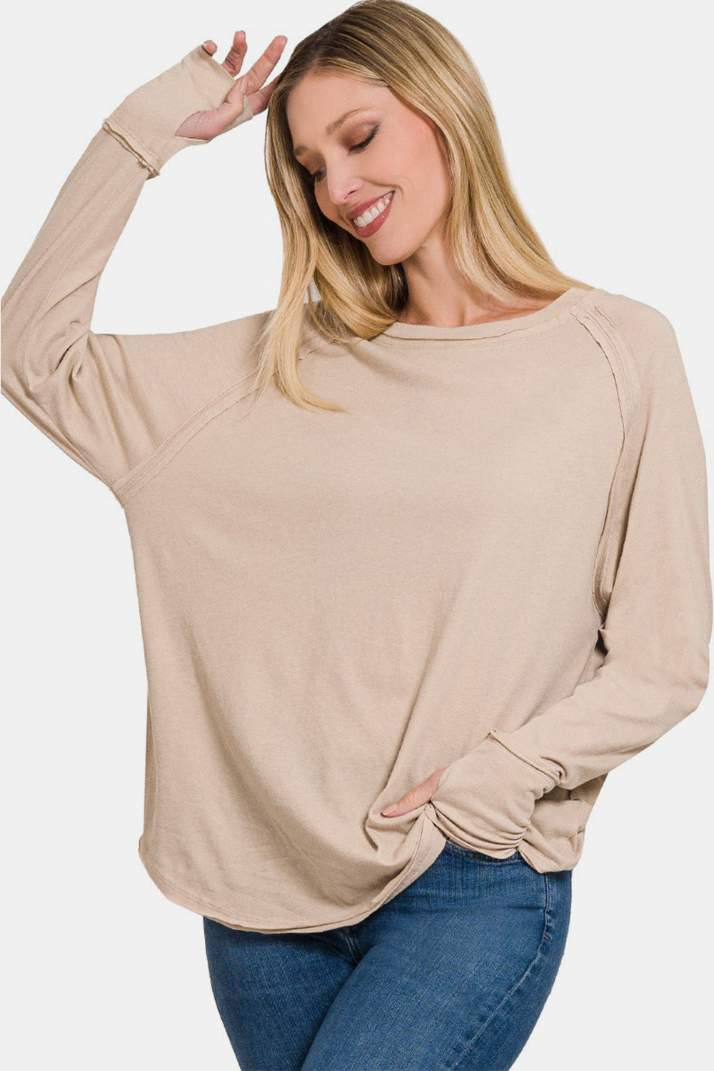 Zenana Round Neck Thumbhole Long Sleeve Top nicholesgifts