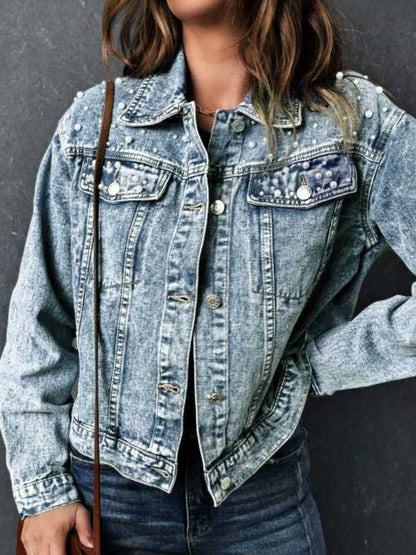 Full Size Pearl Detail Button Up Long Sleeve Denim Jacket Plus Size nicholesgifts