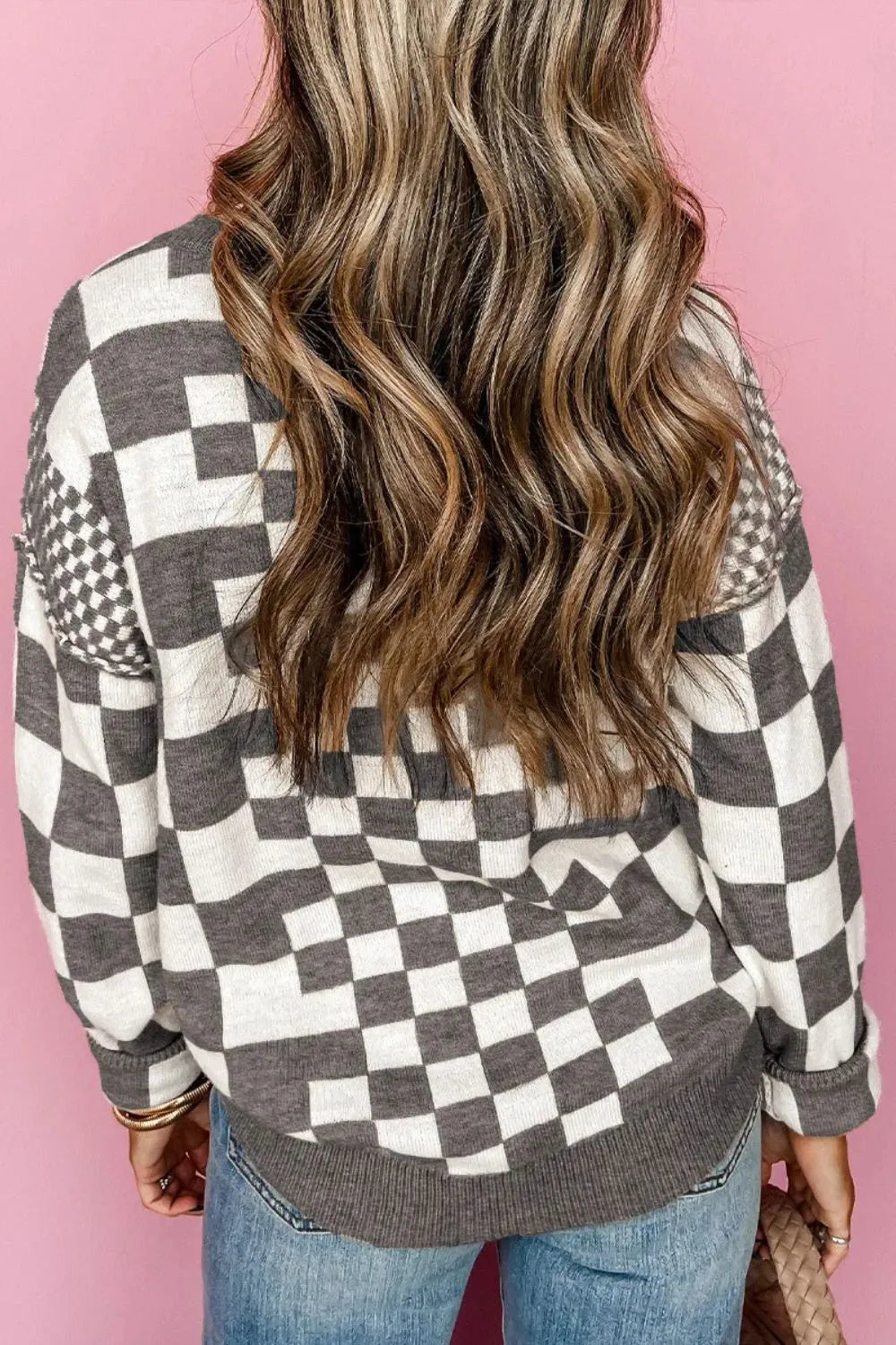 Women Checkered Round Neck Long Sleeve Sweater