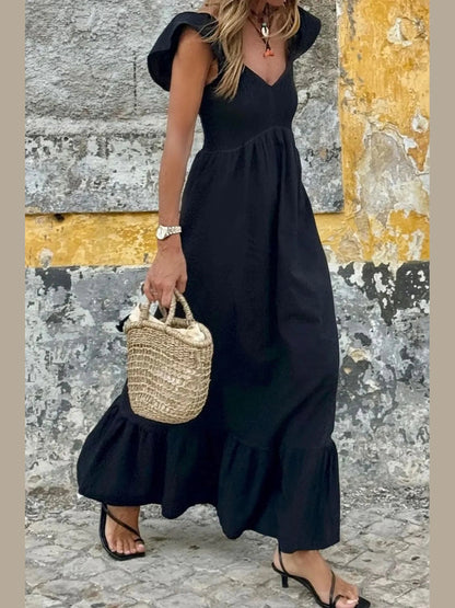 V Neck Ruffled Cap Sleeve Smocked Maxi Dress nicholesgifts