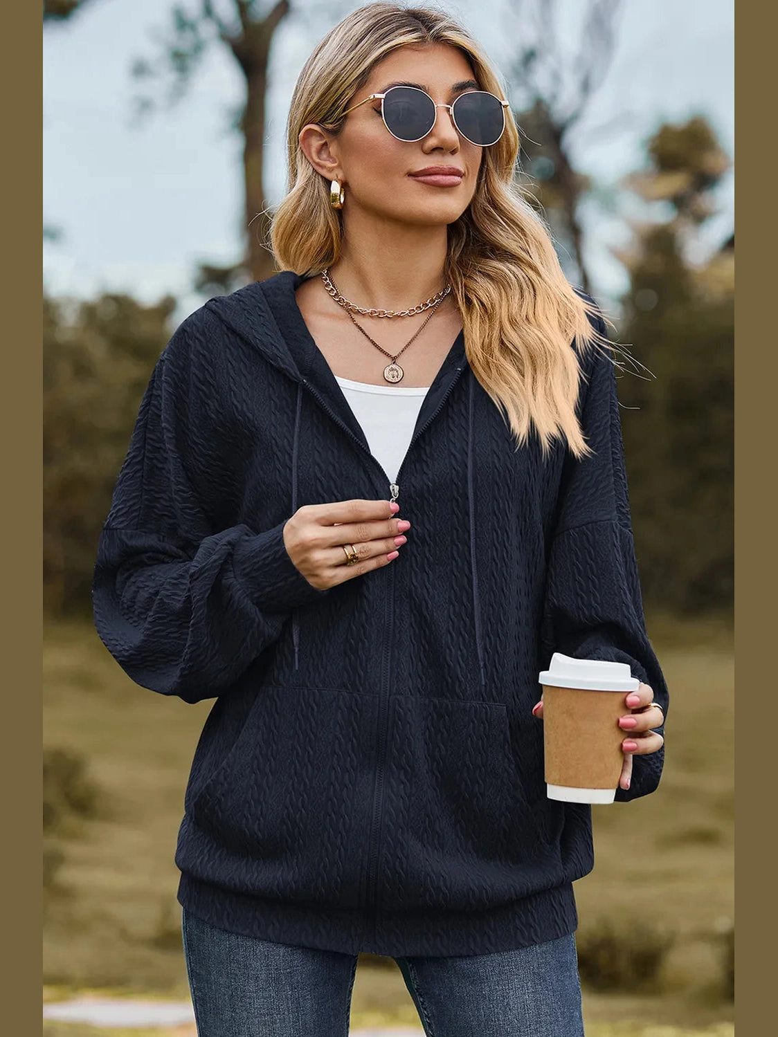 Drawstring Zip Up Dropped Shoulder Hoodie nicholesgifts