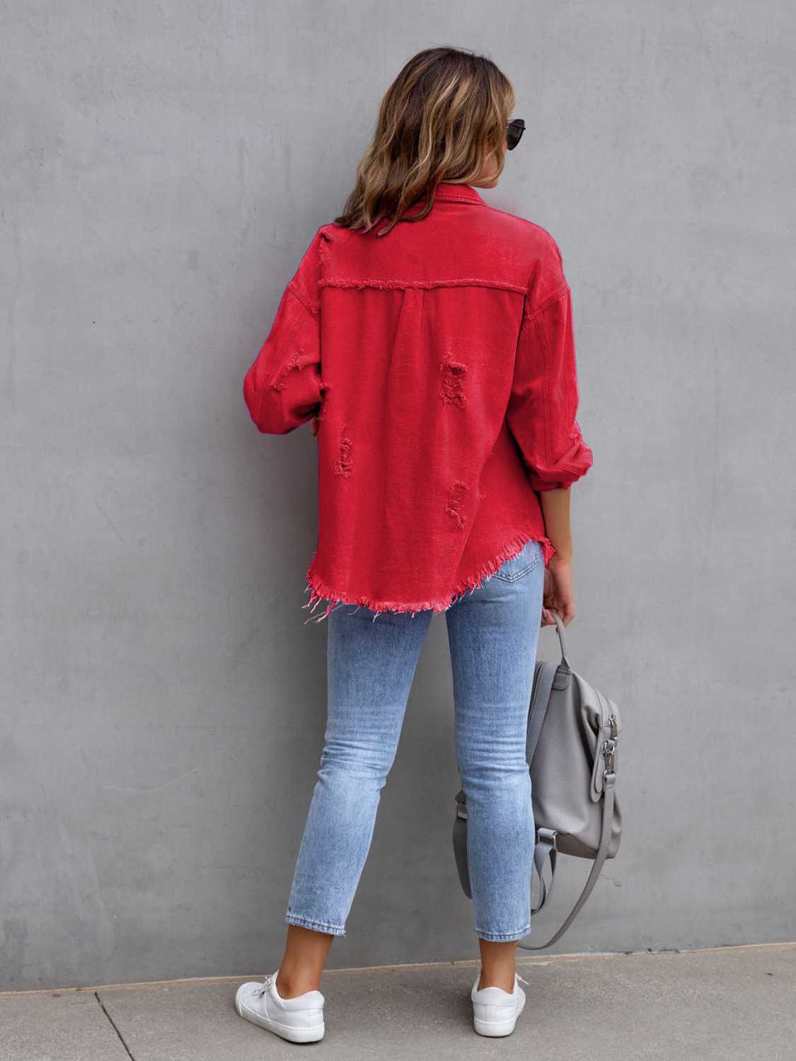 Distressed Drop Shoulder Denim Jacket nicholesgifts