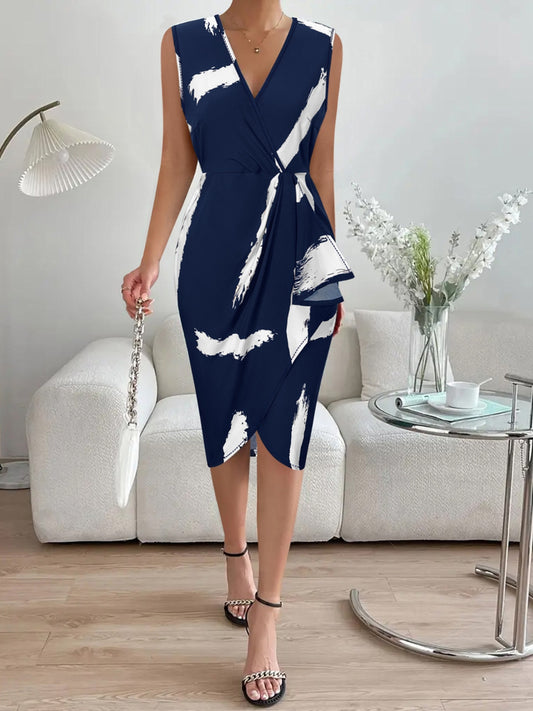 Printed Surplice Sleeveless Knee Length Dress nicholesgifts