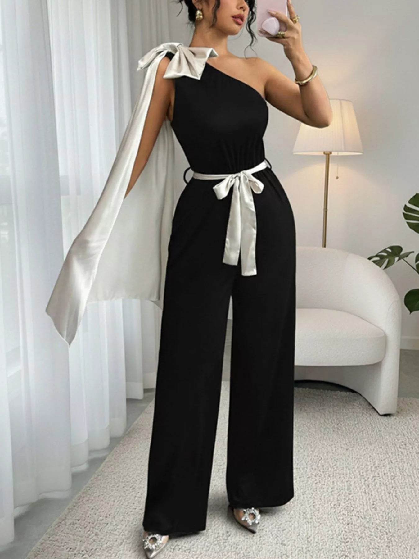 One-Shoulder Bowknot Wide Leg Jumpsuit nicholesgifts