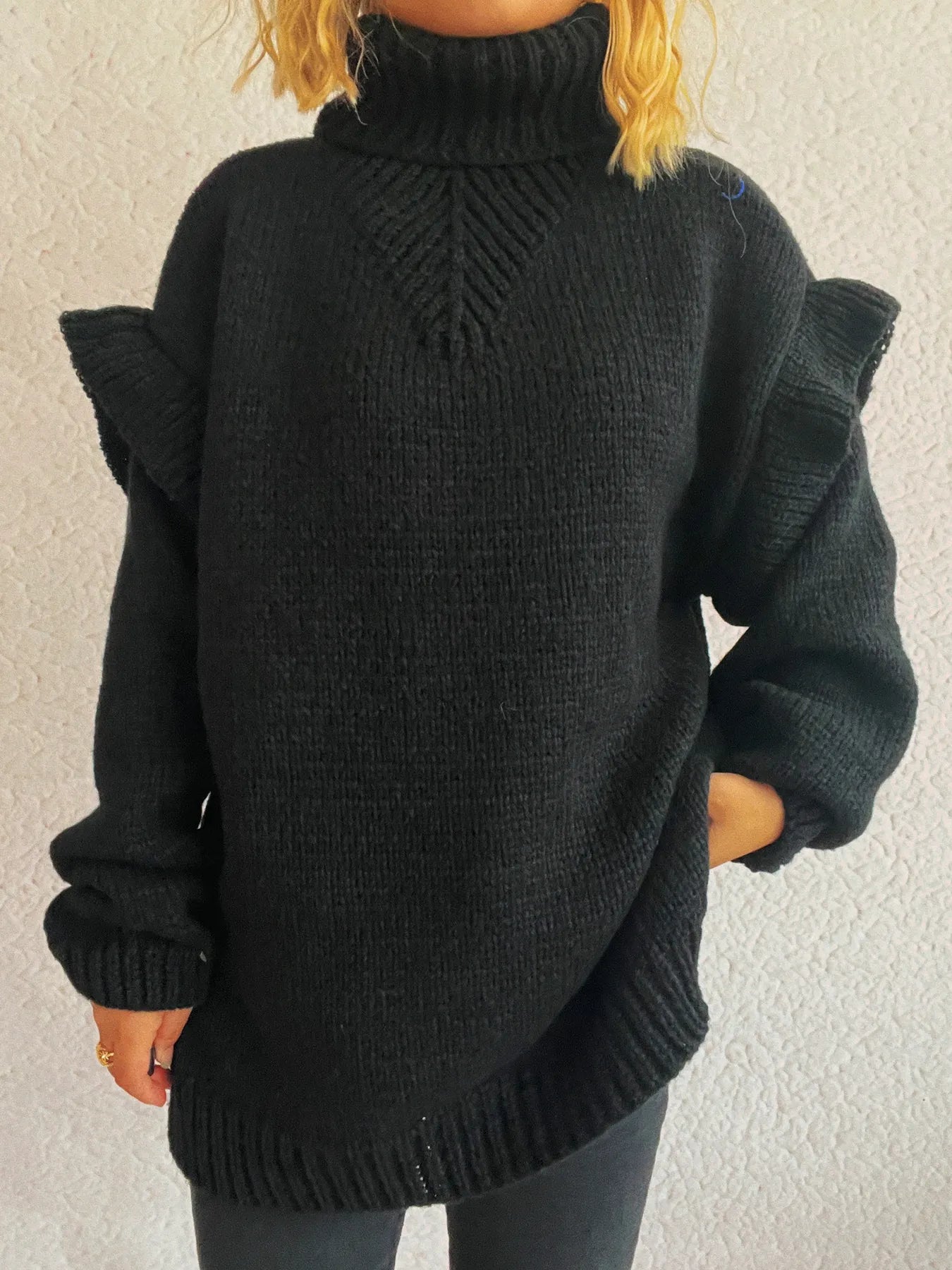 Women Ruffled Turtleneck Long Sleeve Sweater