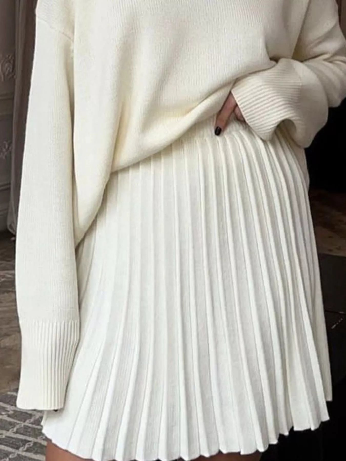 Round Neck Top and Pleated Skirt Sweater Set nicholesgifts