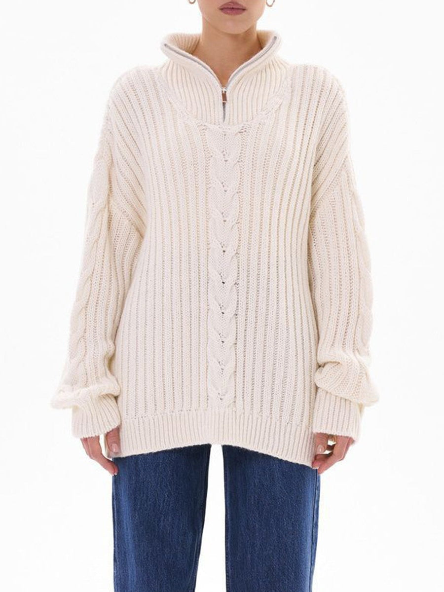 Ribbed Half Zip Long Sleeve Sweater Trendsi