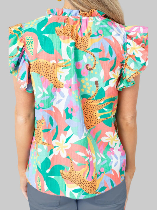 Ruffled Printed Tie Neck Cap Sleeve Blouse nicholesgifts