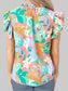 Ruffled Printed Tie Neck Cap Sleeve Blouse nicholesgifts