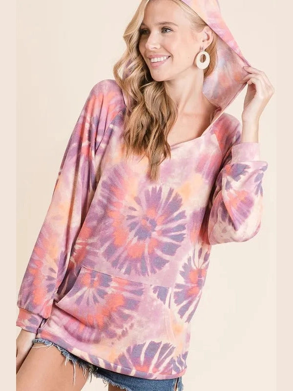 BiBi Circular Tie Dye Print Terry Hoodie with Kangaroo nicholesgifts