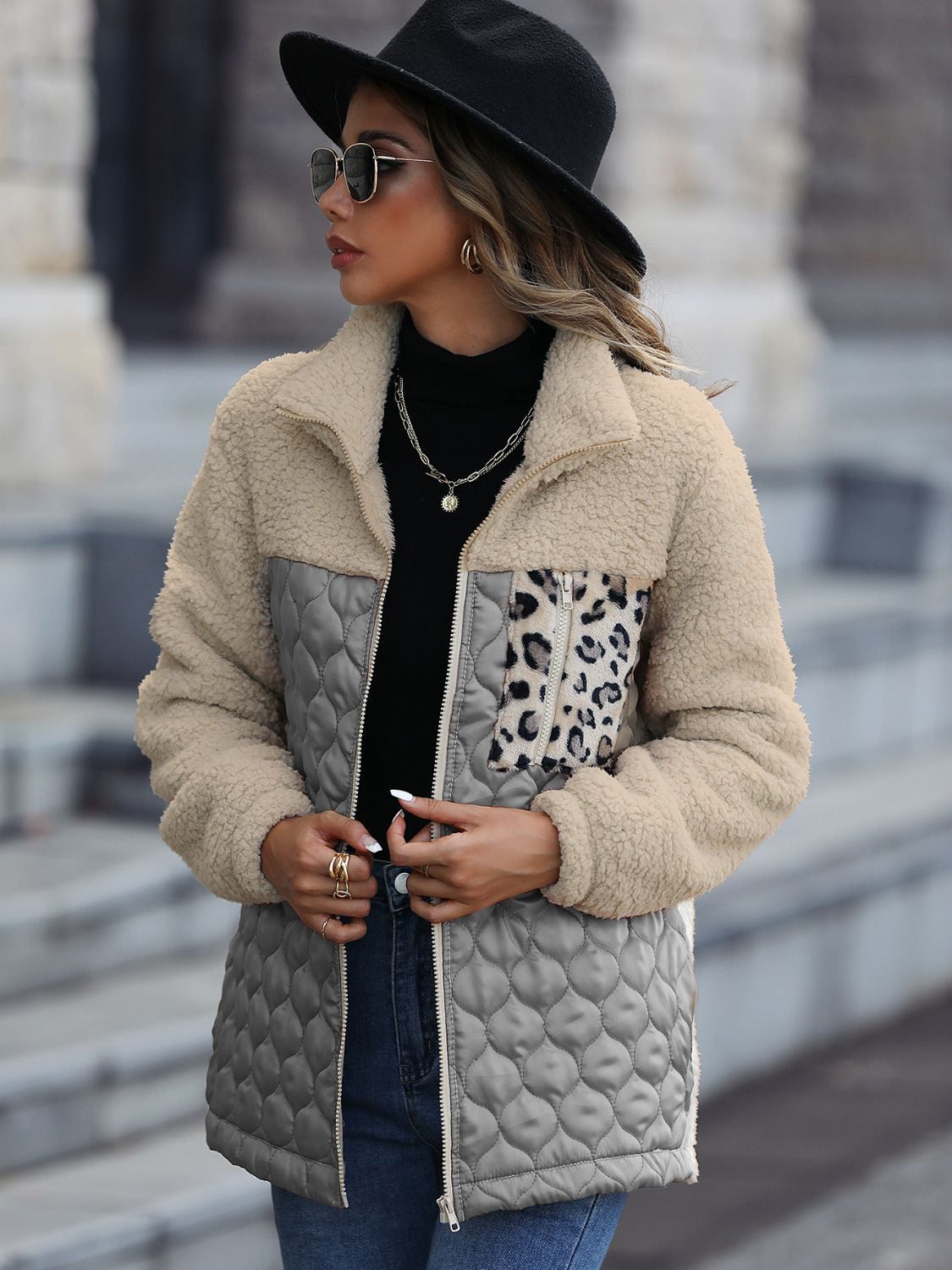 Leopard Color Block Zip-Up Jacket nicholesgifts