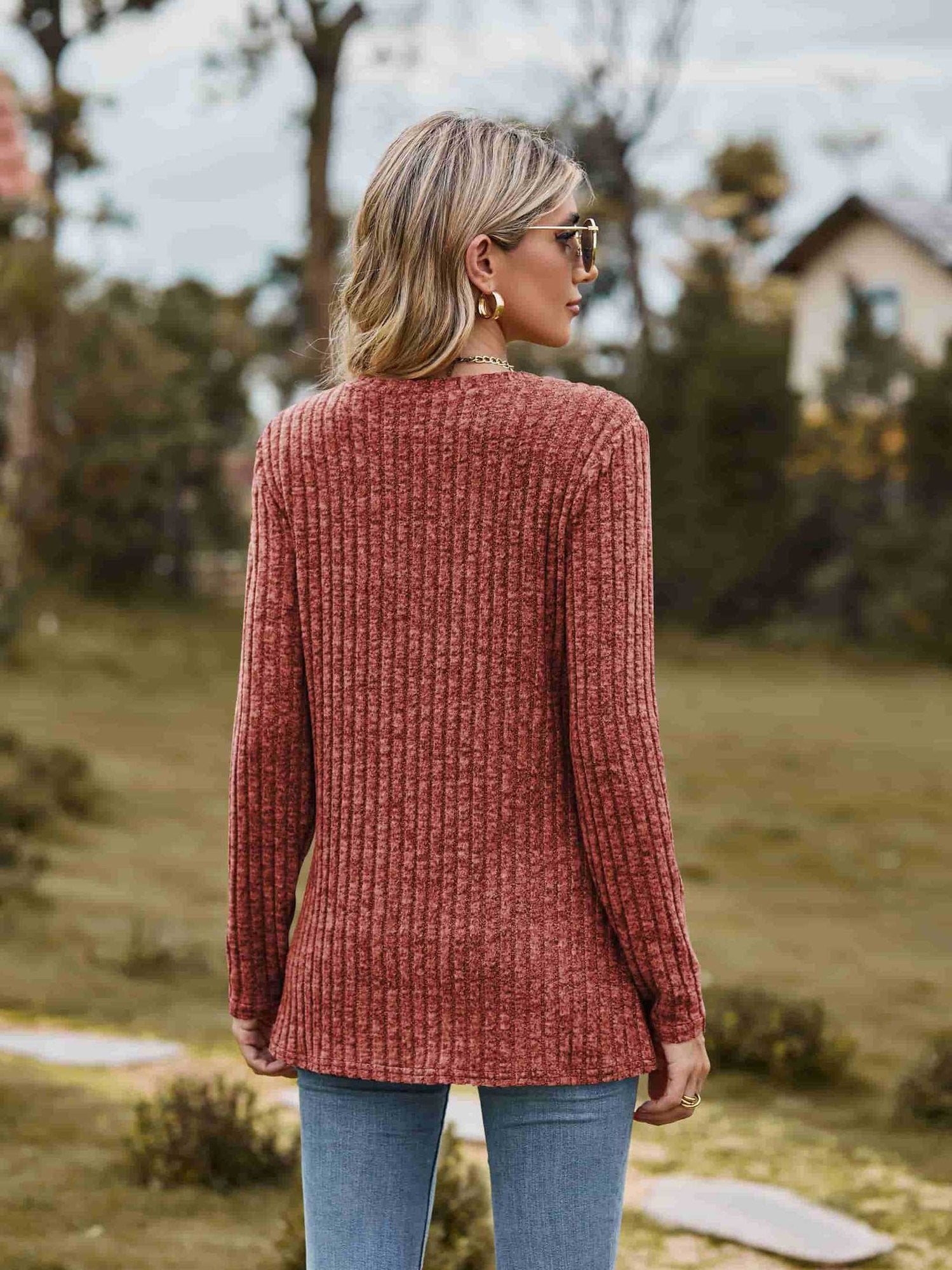 Ribbed Round Neck Long Sleeve Tee NicholesGifts