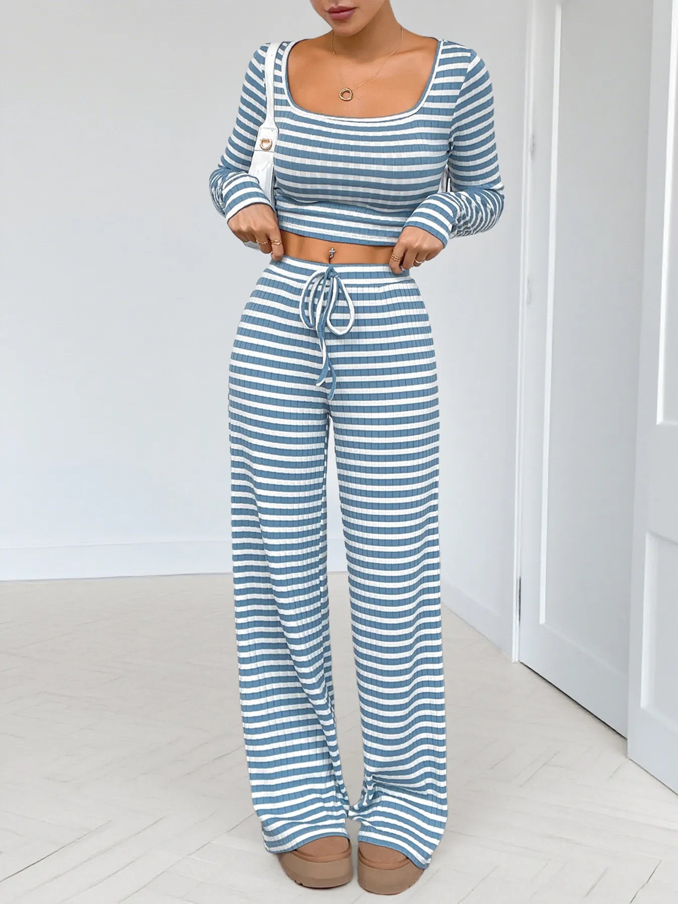 Striped Square Neck Long Sleeve Top and Pants Lounge Set NicholesGifts