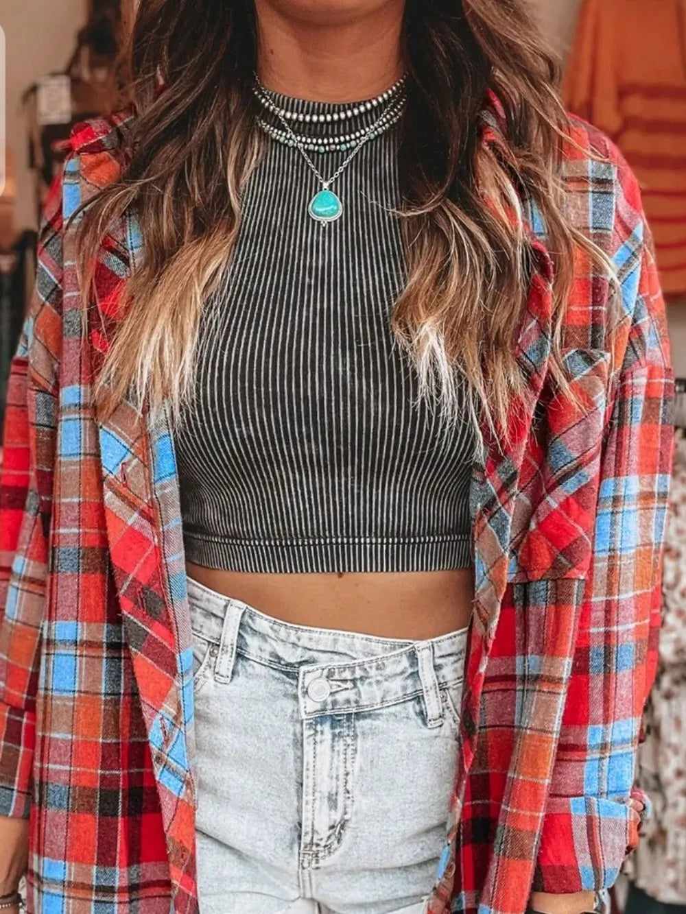 Plaid Collared Neck Long Sleeve Shirt Trendsi