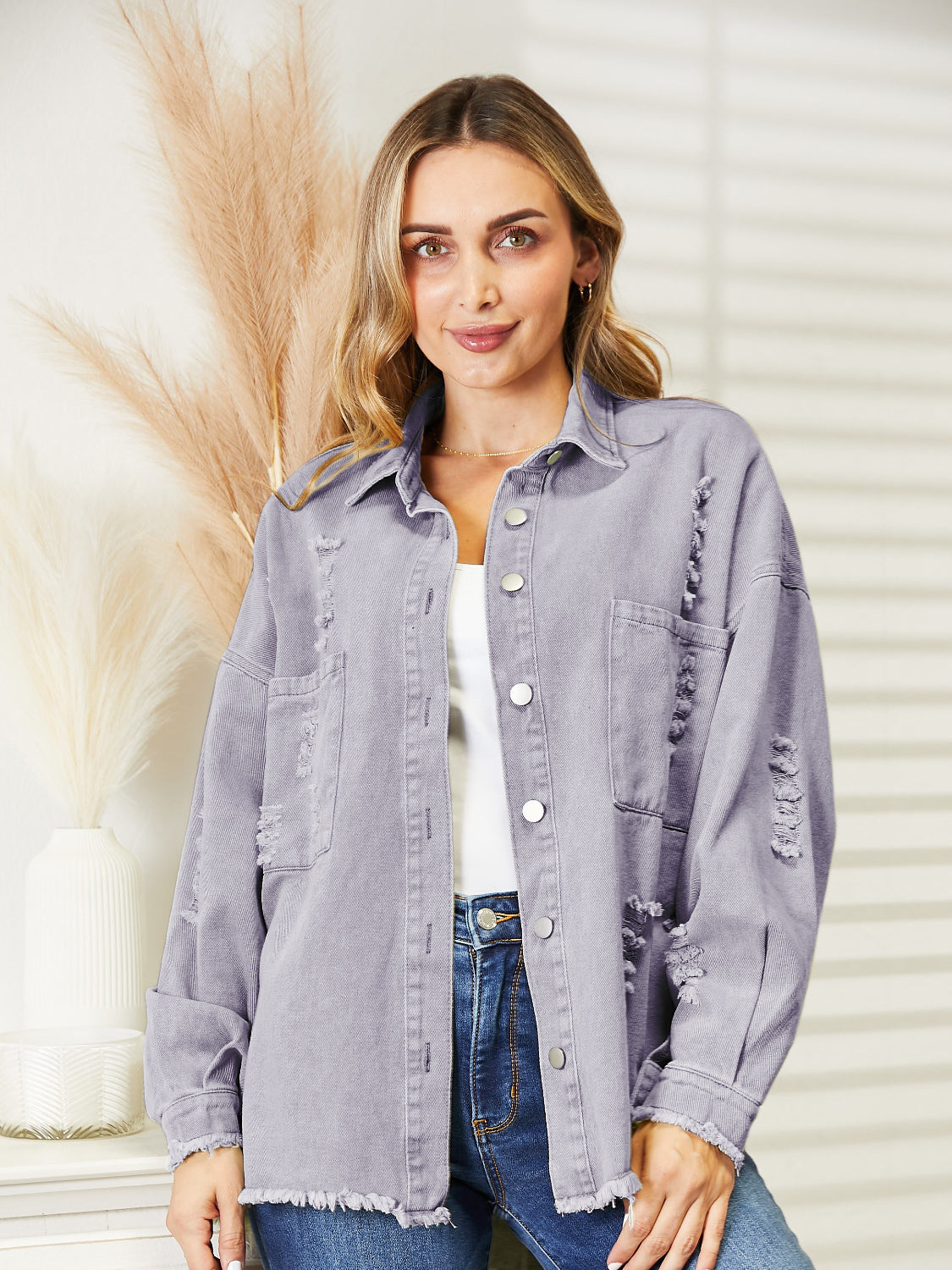 Distressed Raw Hem Denim Jacket nicholesgifts