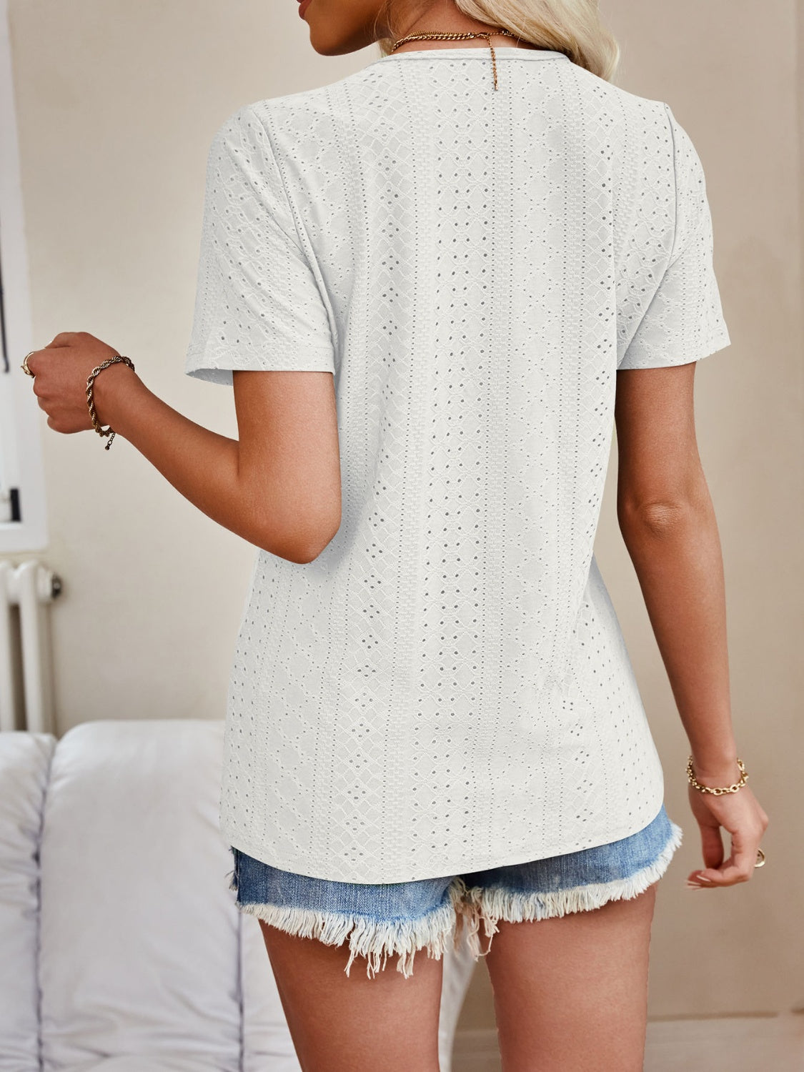 Eyelet V-Neck Short Sleeve Top nicholesgifts