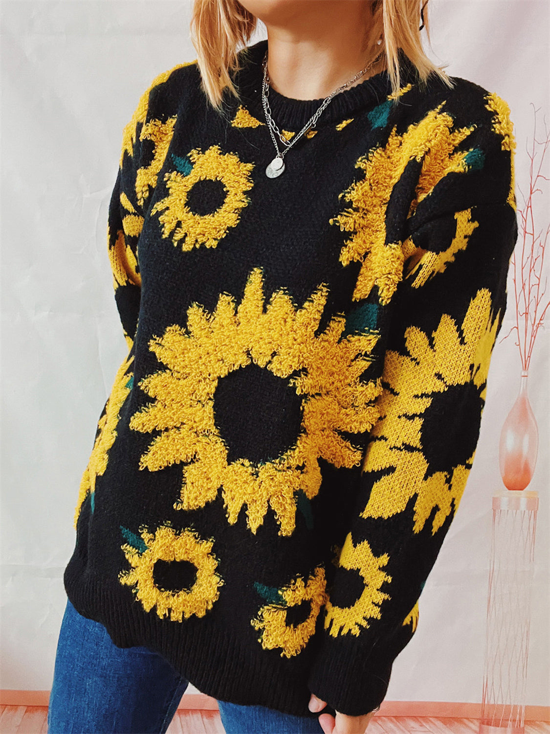 Sunflower Dropped Shoulder Long Sleeve Sweater Trendsi