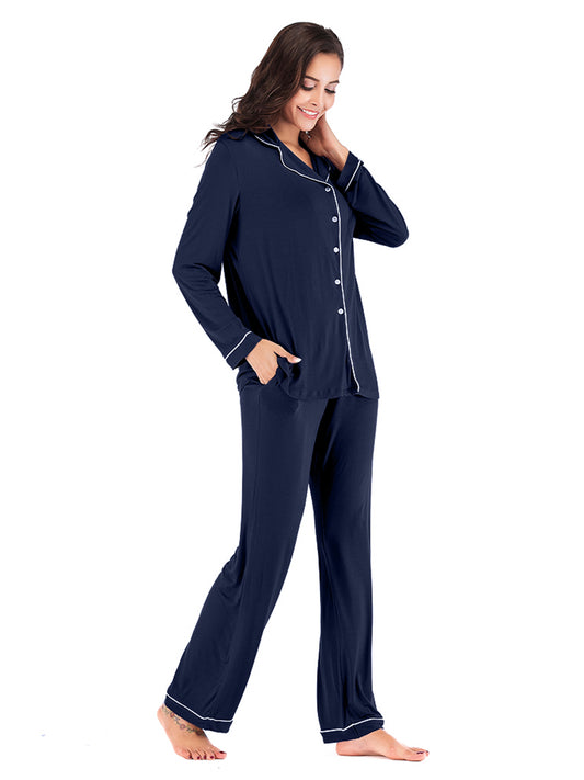 Collared Neck Long Sleeve Loungewear Set with Pockets nicholesgifts