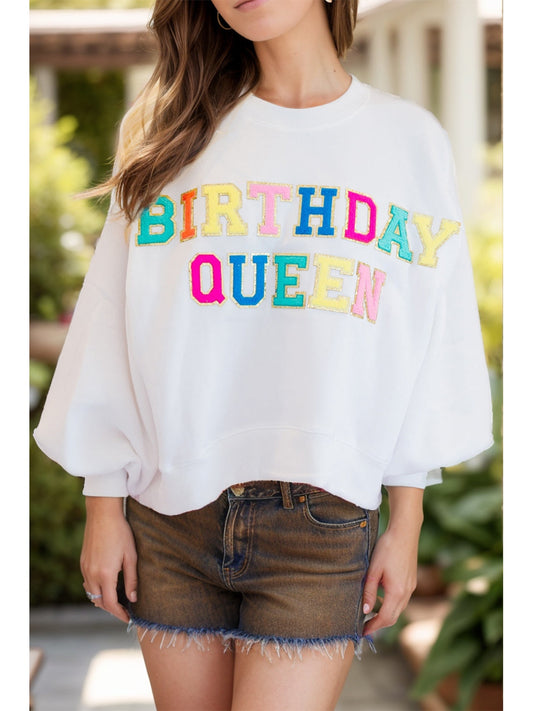Women Birthday Queen Sequin Round Neck Long Sleeve Sweatshirt NicholesGifts