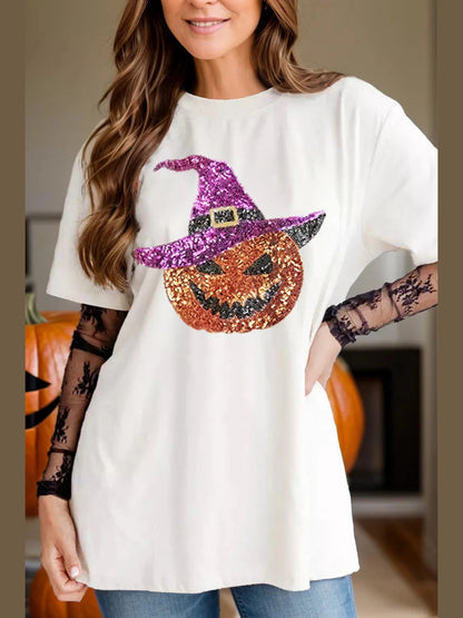 Sequin Pumpkin Round Neck Short Sleeve T-Shirt nicholesgifts