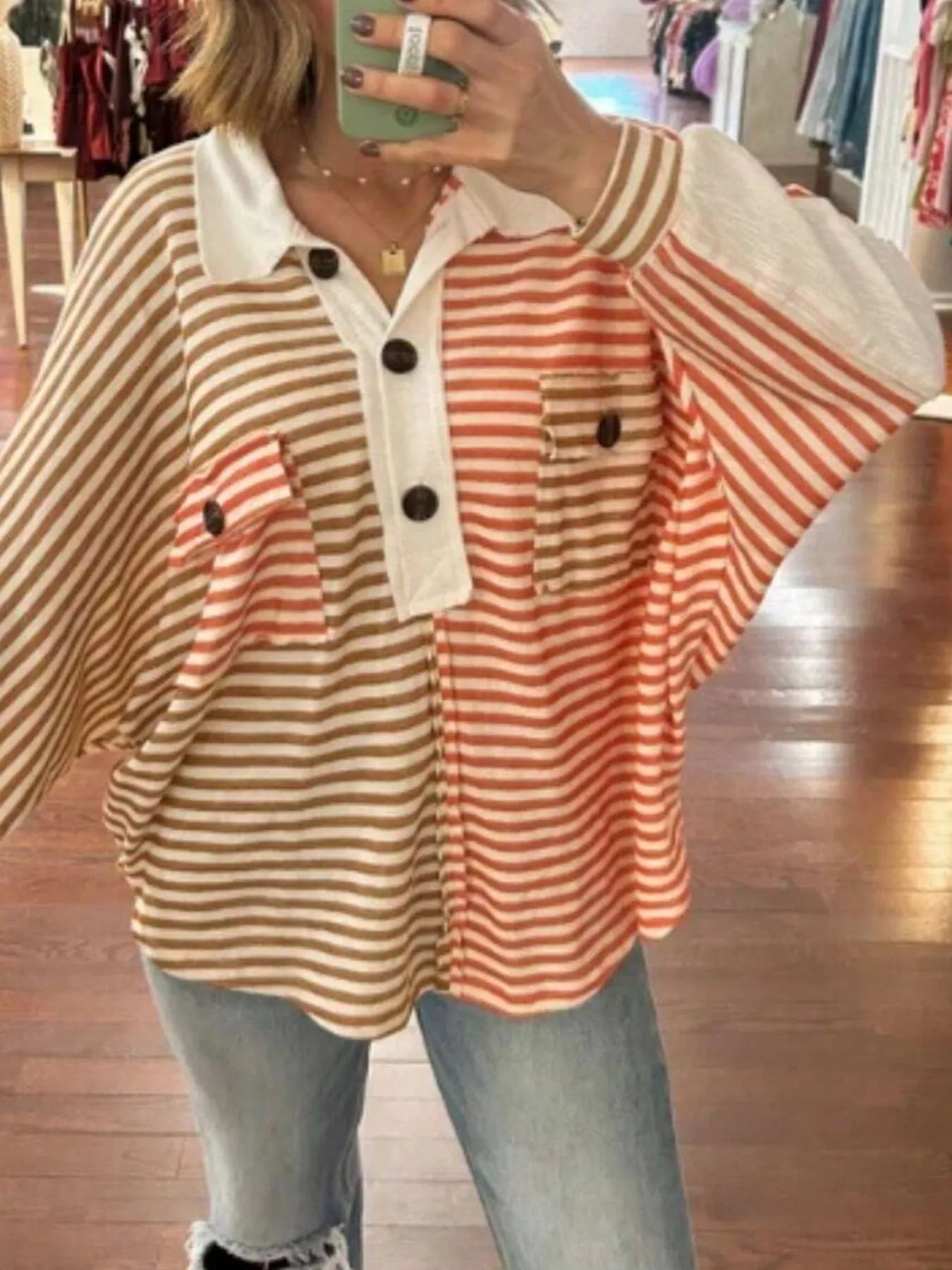 Striped Oversized Half Button Sweatshirt nicholesgifts