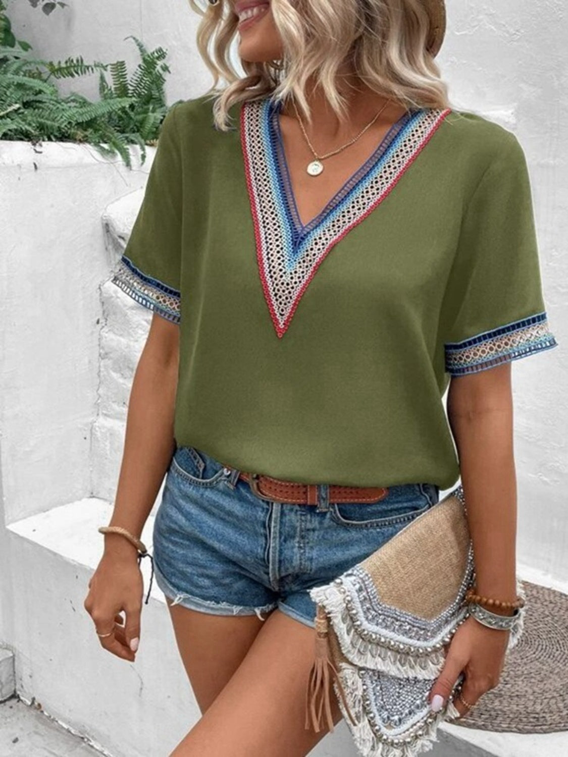 Full Size V-Neck Short Sleeve Blouse nicholesgifts