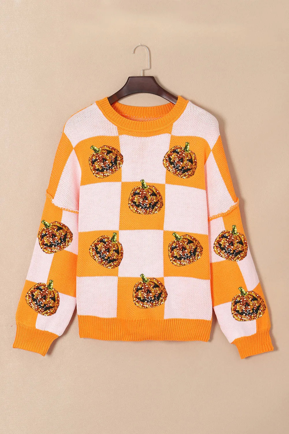 Women Pumpkin Checkered Round Neck Long Sleeve Halloween Sweater
