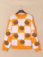 Women Halloween Spirit Pumpkin Checkered Round Neck Long Sleeve Sweater nicholesgifts