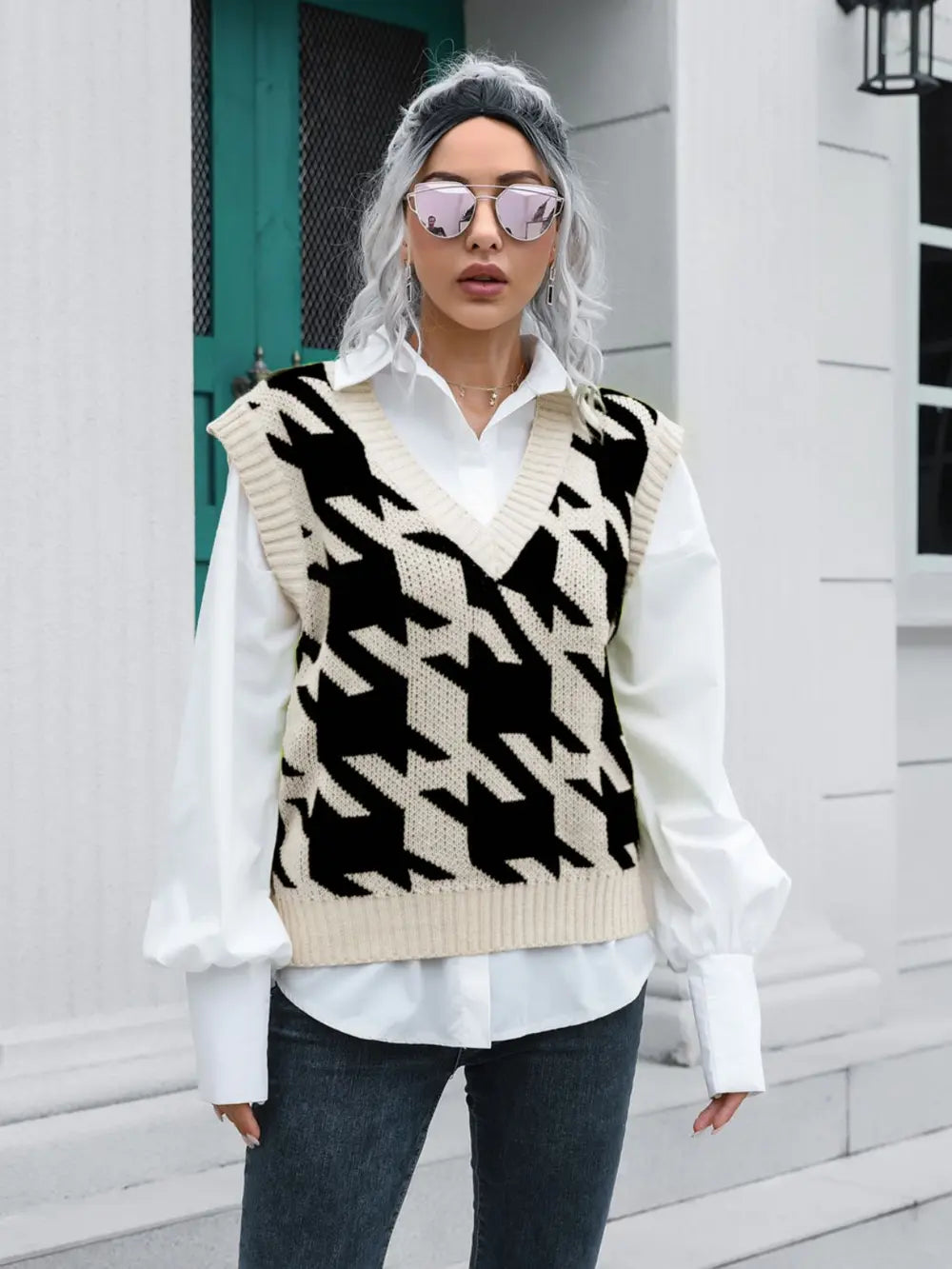 Houndstooth V-Neck Sweater Vest Trendsi