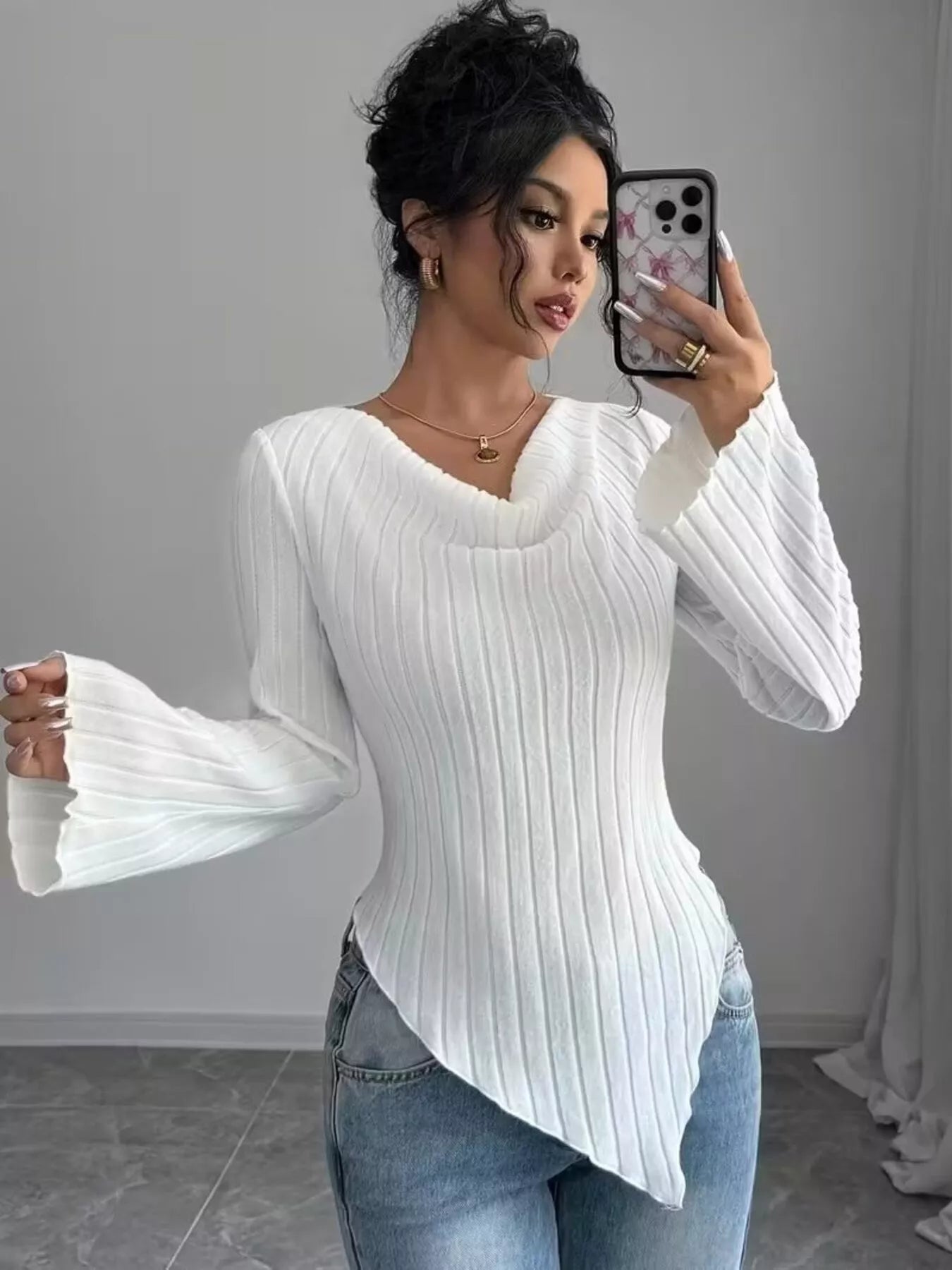 Cowl Neck Ribbed Knit T-Shirt nicholesgifts