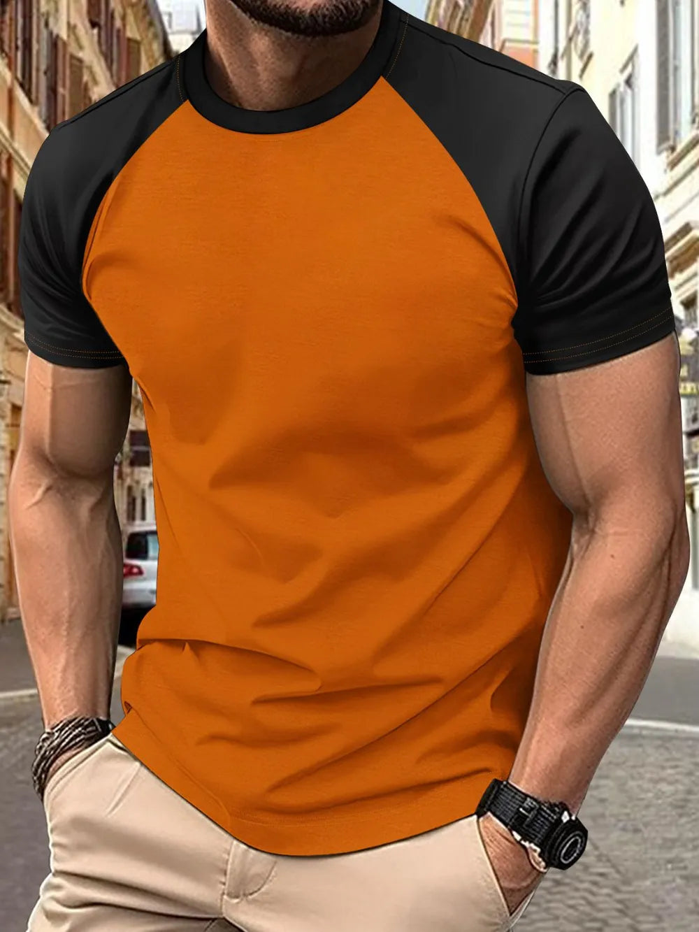 Men's Full Size Round Neck Contrast T-Shirt Plus Size Trendsi