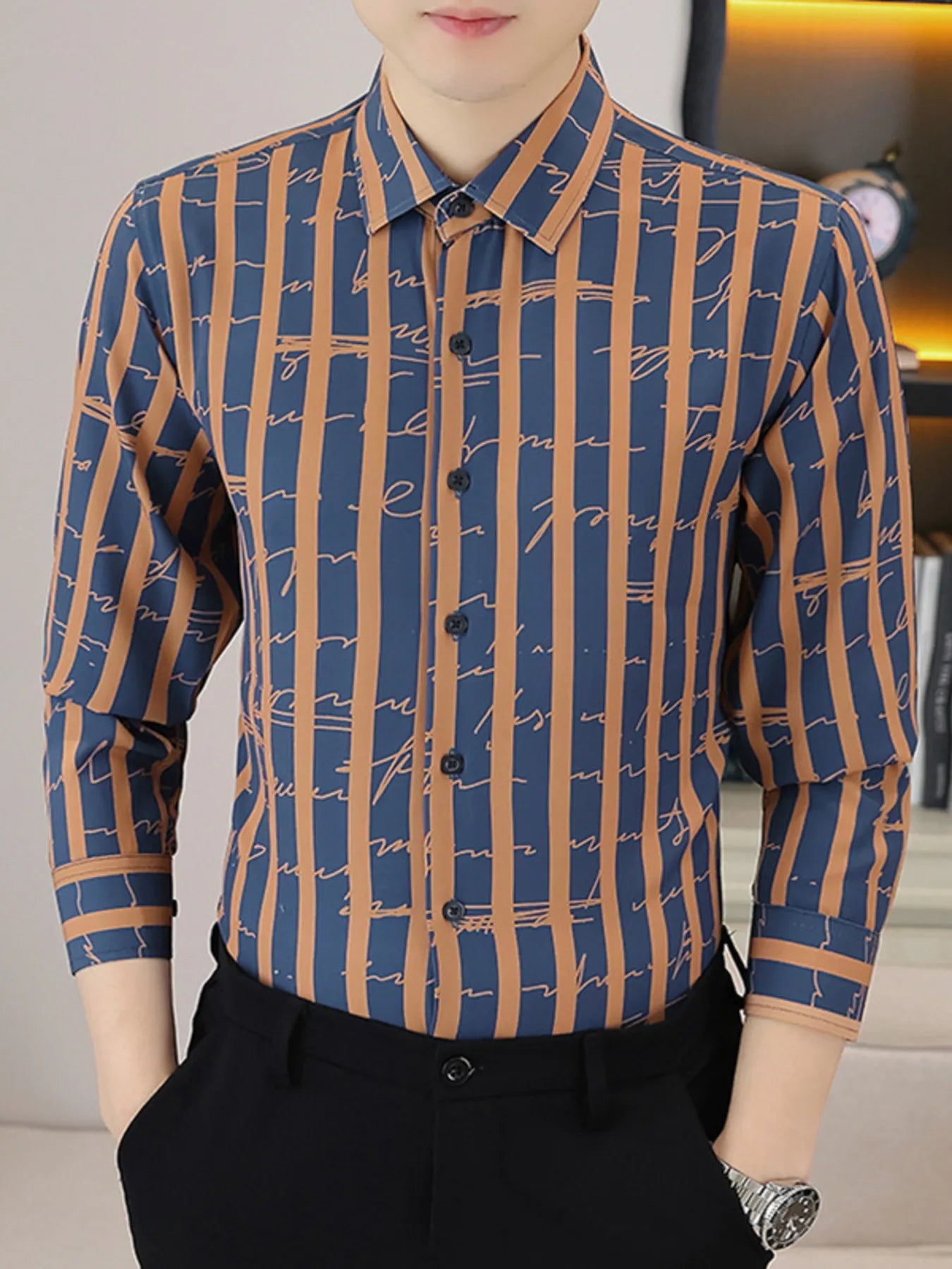 Men's Plus Size Striped Button Up Long Sleeve Shirt NicholesGifts