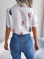 Feather Print Lapel Collar Puff Sleeve Shirt nicholesgifts