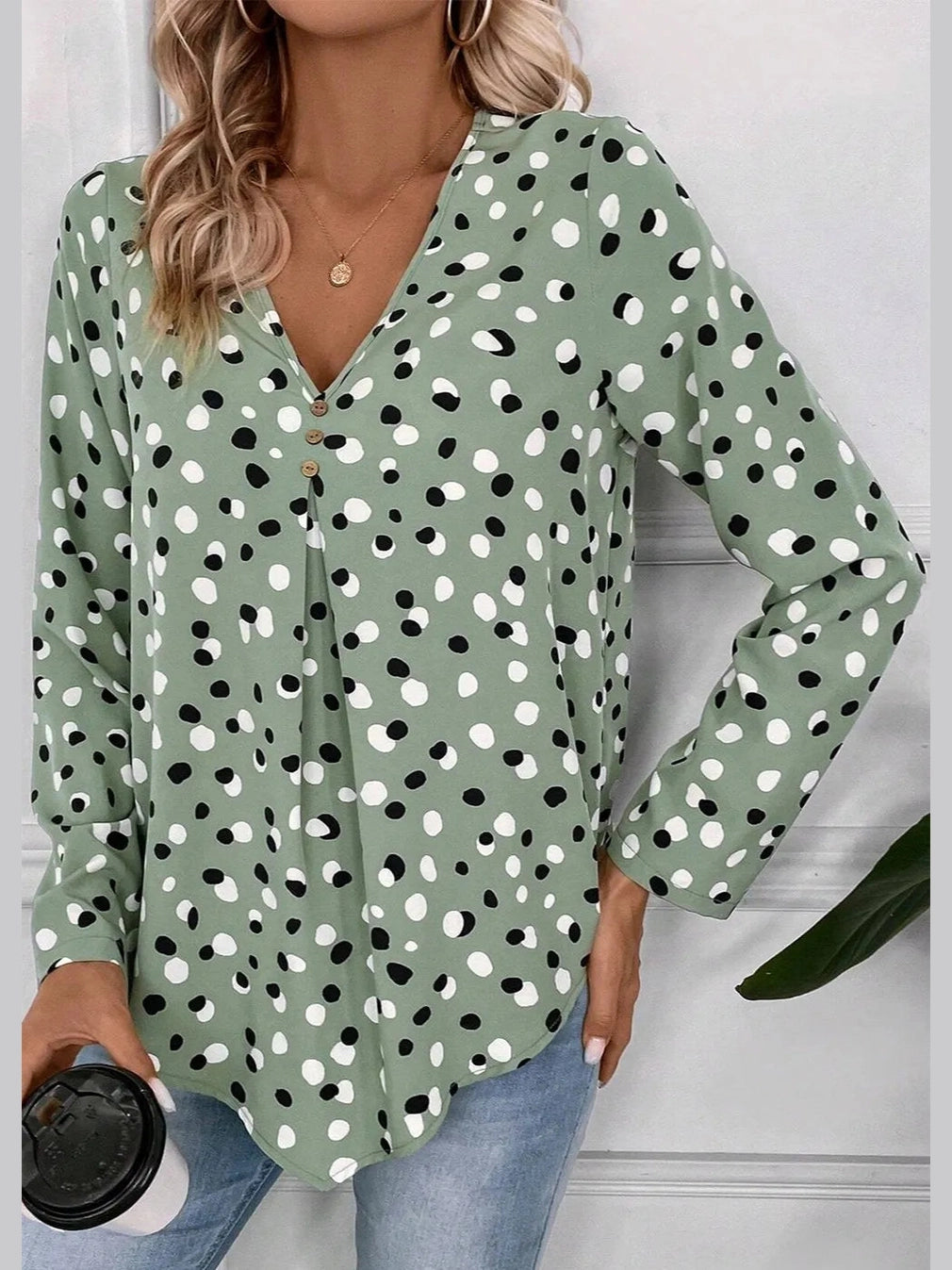 Printed V-Neck Long Sleeve Blouse NicholesGifts