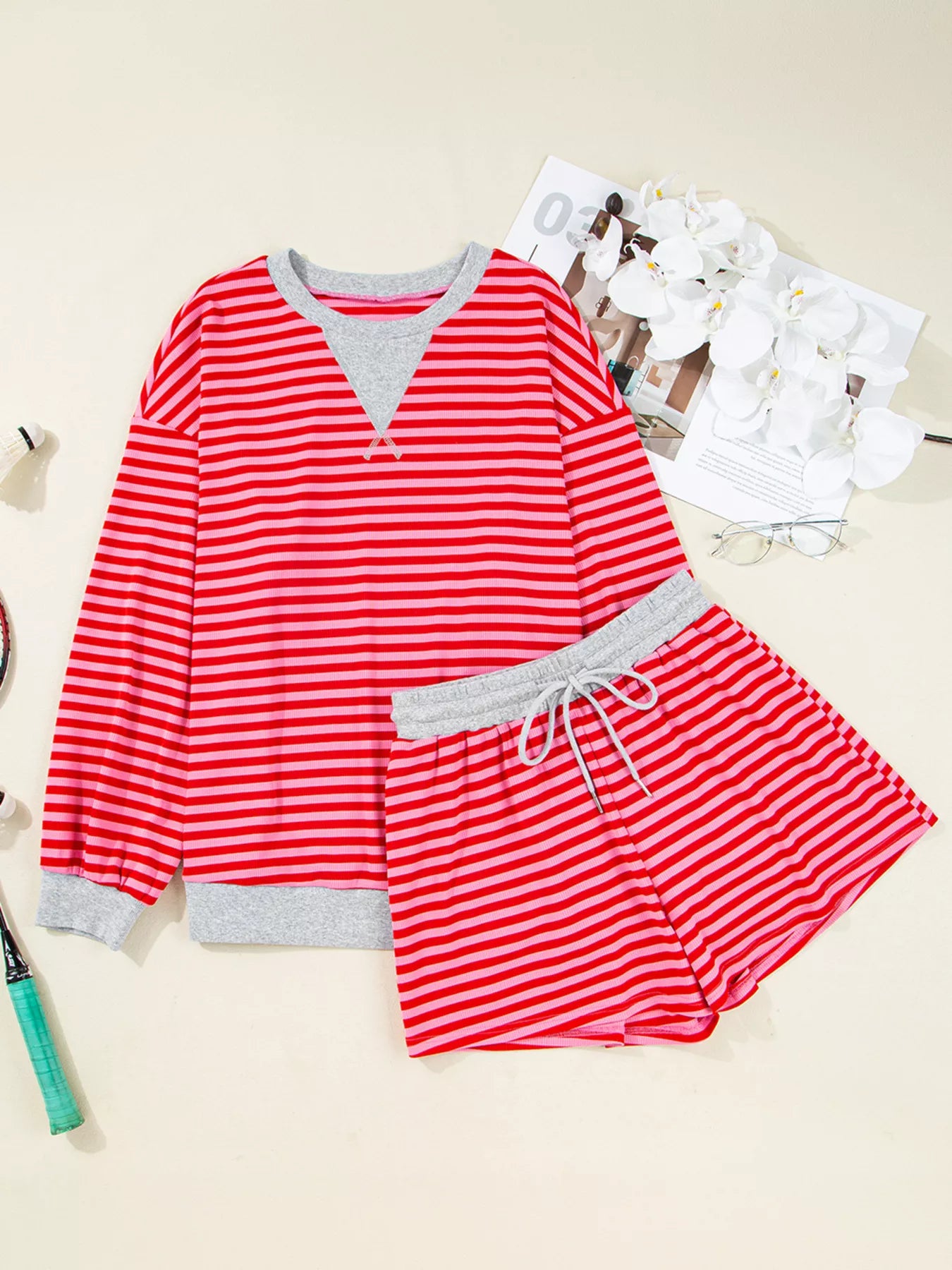 Stripe Drop Shoulder Baggy Top and Shorts Casual Set Trendsi