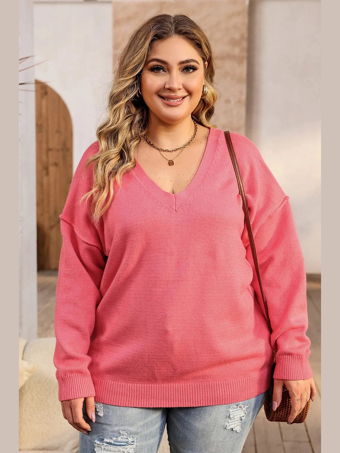 Plus Size V-Neck Dropped Shoulder Sweater Trendsi