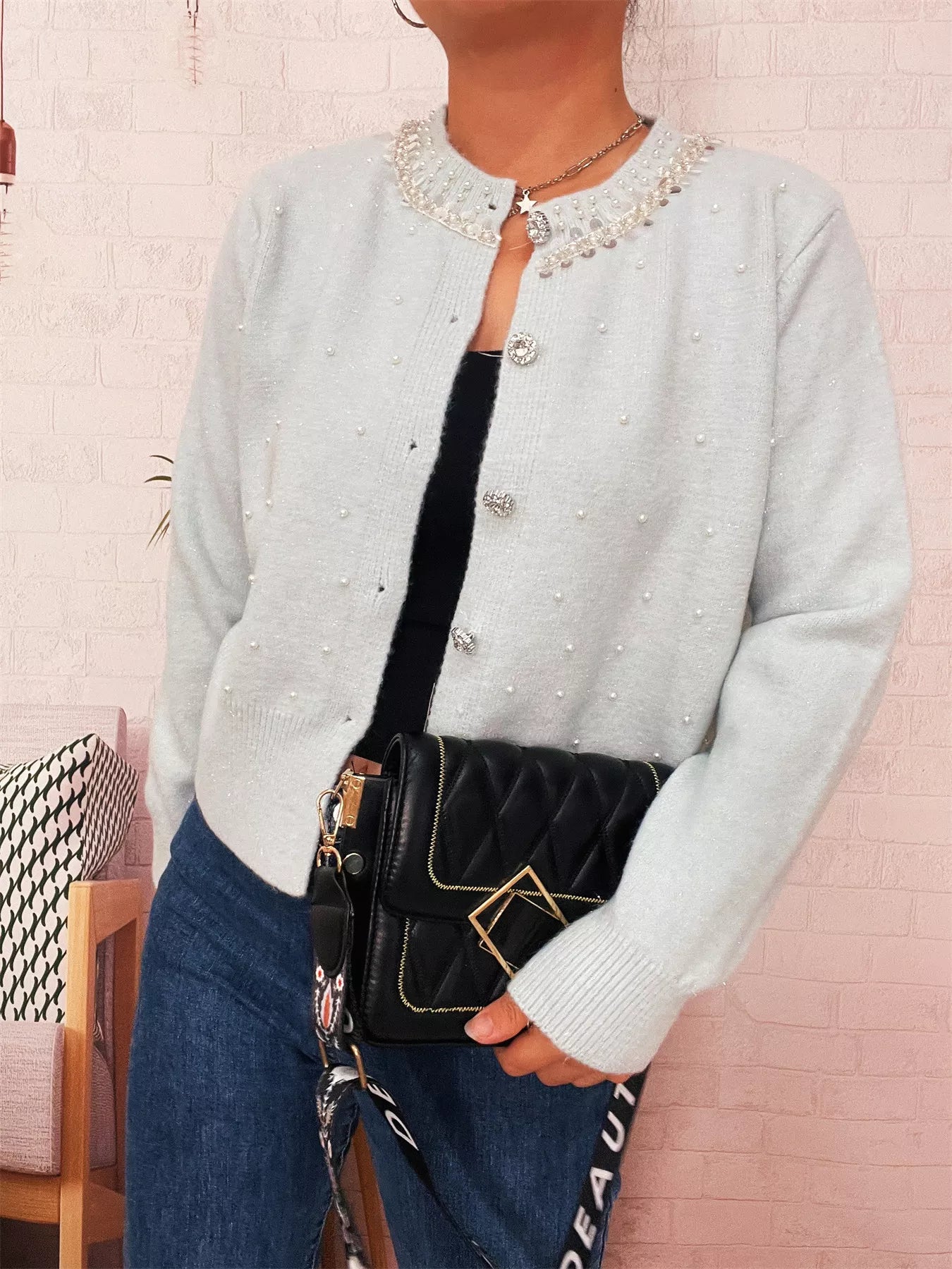 Pearl Detail Button-Front Cardigan NicholesGifts