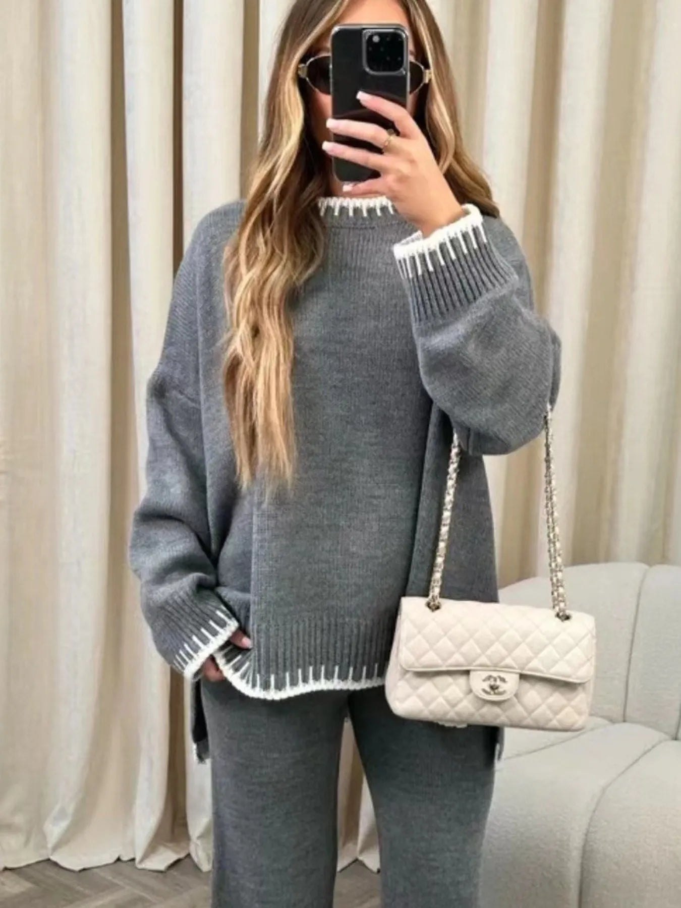 Contrast Trim Round Neck Top and Pants Sweater Set NicholesGifts