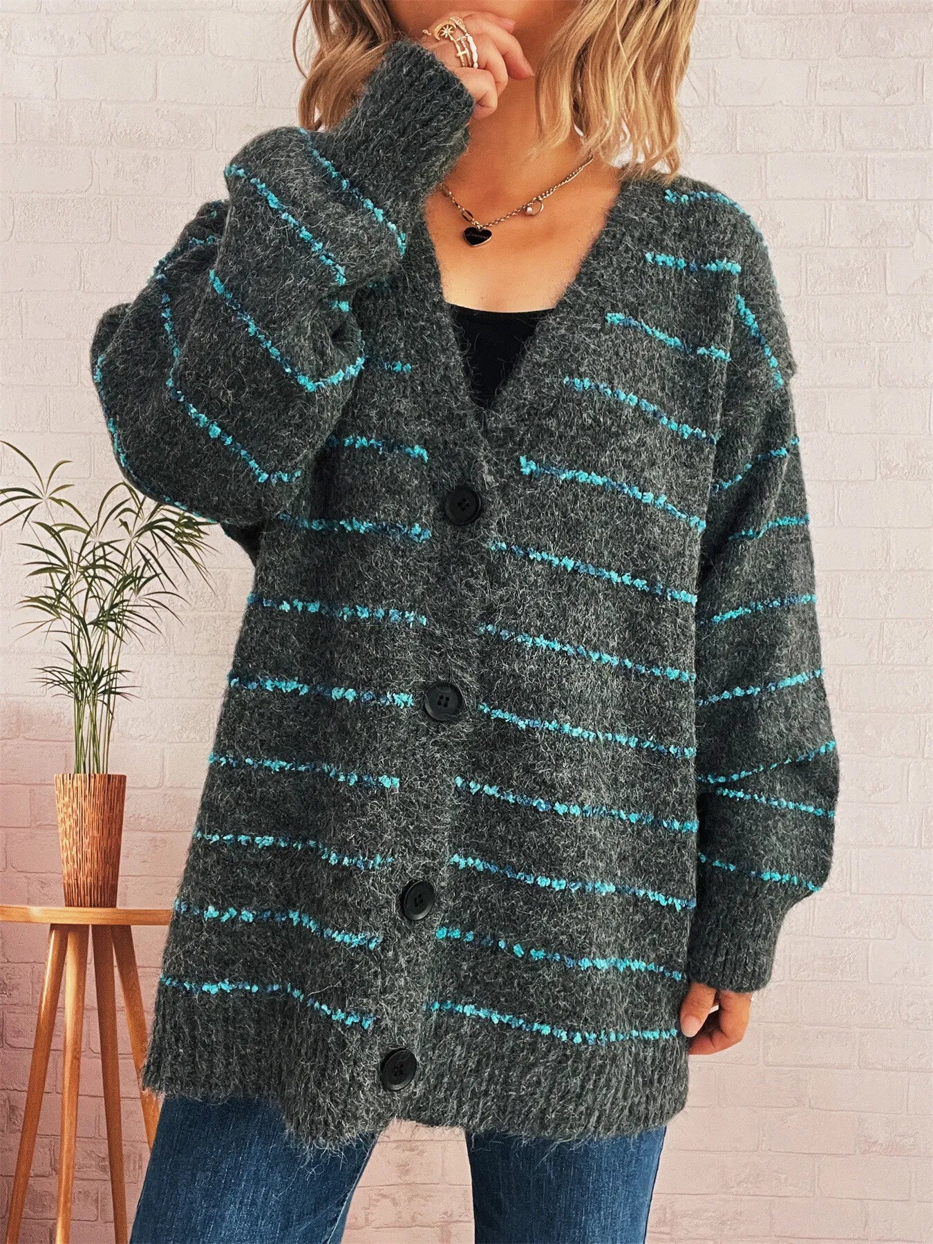 Striped Button-Up Cardigan with V-Neck Design