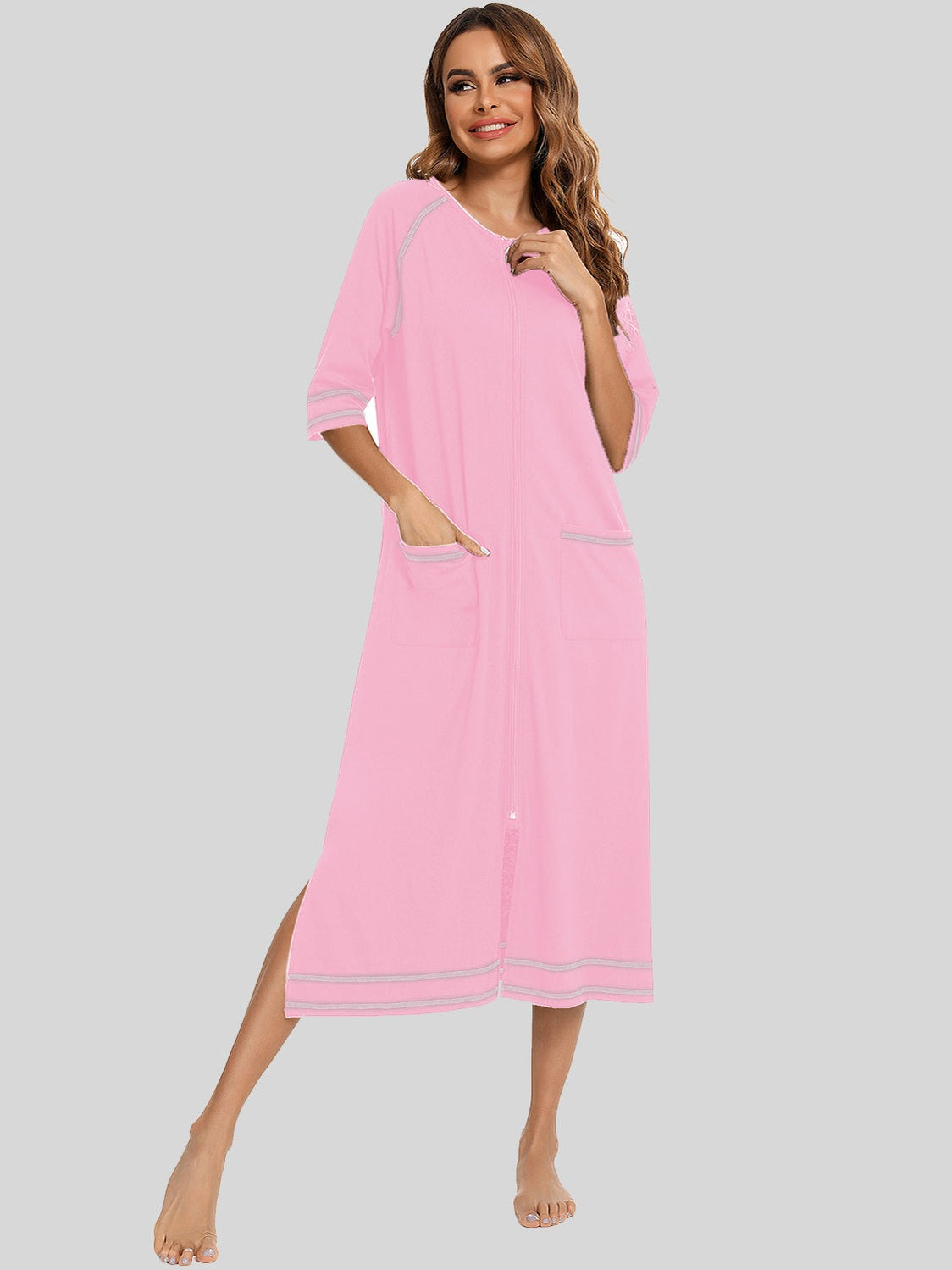 Zip Up Slit Round Neck Night Dress with Pockets nicholesgifts