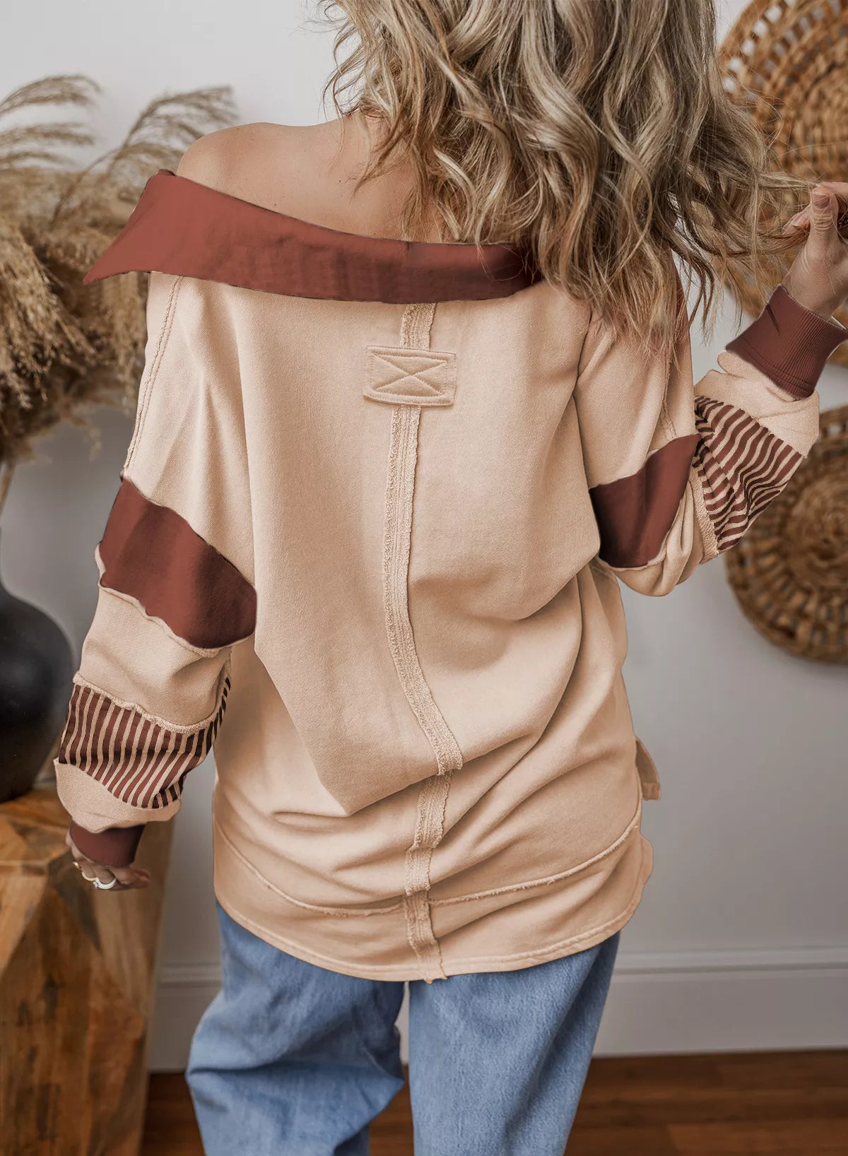 Color Block Striped Johnny Collar Sweatshirt nicholesgifts