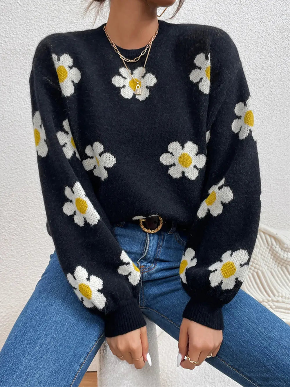 Flower Round Neck Latern Sleeve Sweater Trendsi