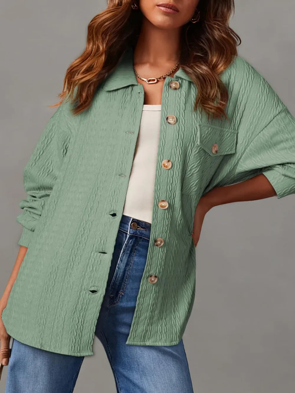 Textured Button Up Long Sleeve Shacket nicholesgifts