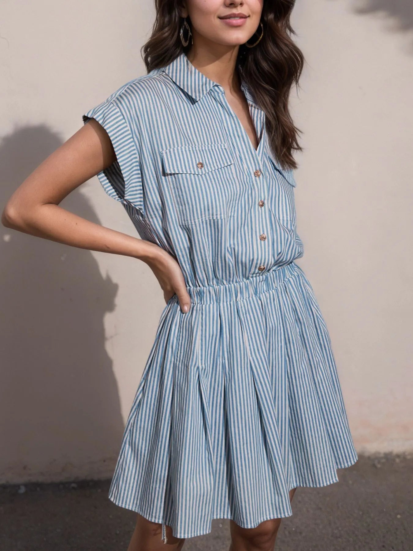 Hlaf Button Striped Cap Sleeve Mini Shirt Dress NicholesGifts